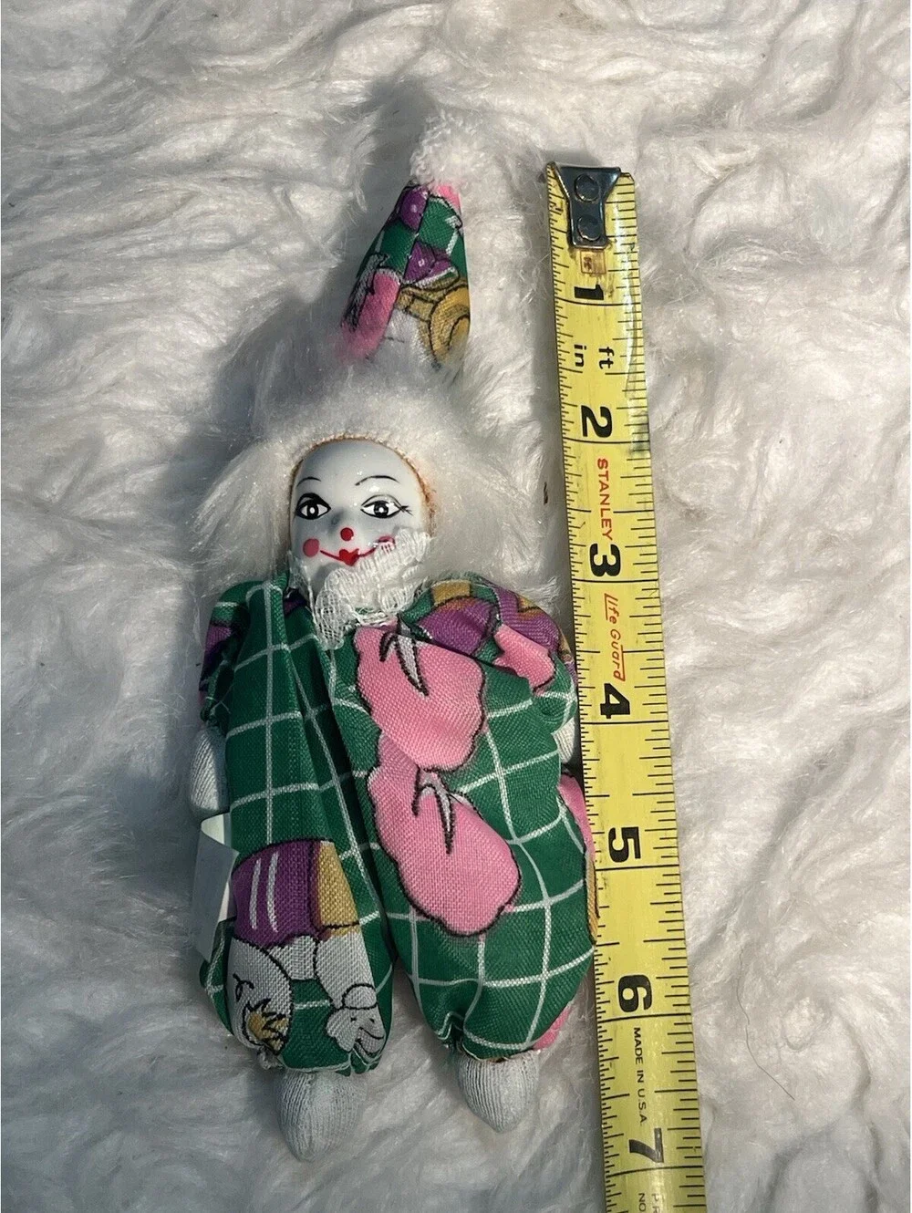 Vintage Porcelain Clown Dolls Sand Bag: Green Outfit & White Hair